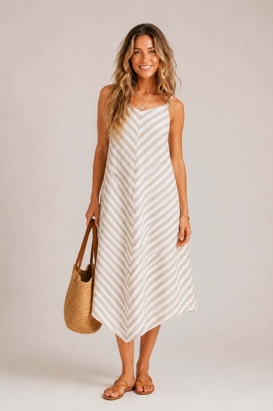 J. Jill Love Linen 100% Linen Chevron Stripe Asymmetrical Midi Dress M Coastal